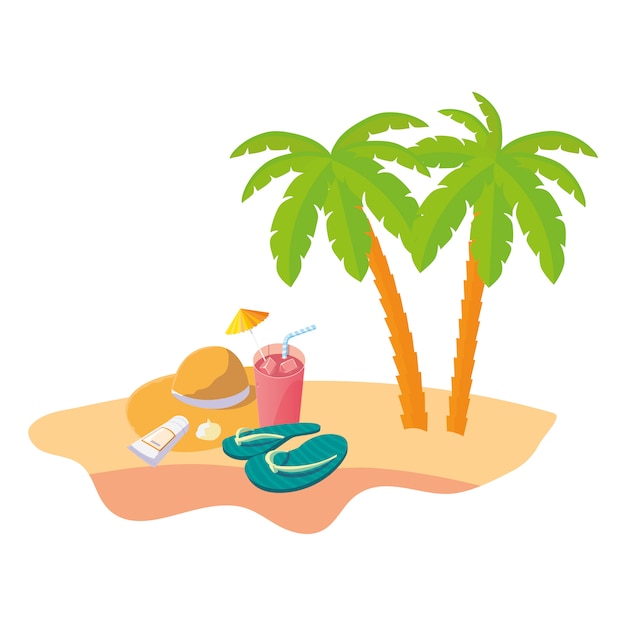 Cena de praia verão com palmeiras de árvores e chapéu de palha