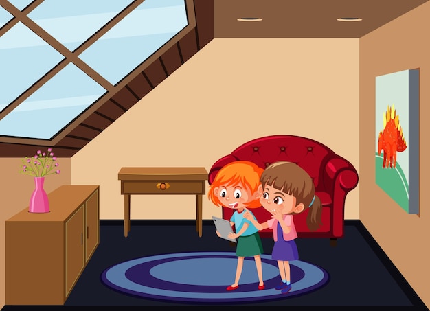 Vetor cena de quarto de sótão com personagem de desenho animado de duas meninas