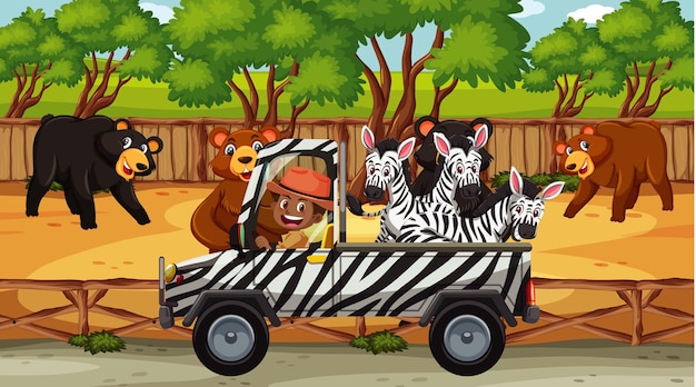 Cena de safári com muitos ursos e zebras no caminhão