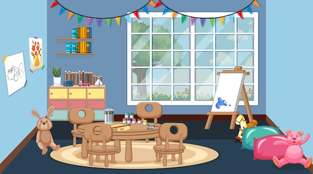 Cena de sala de aula com mesa e quadro