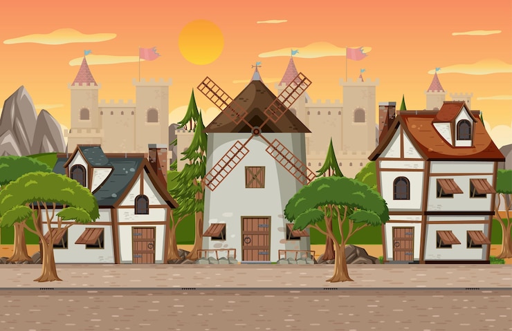 Vetor cena de vila medieval com moinho de vento e casas