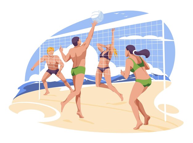 Pessoas Que Se Divertem Jogando Vôlei Na Ilustração Vetorial De Praia.  Esporte Ativo De Praia. Royalty Free SVG, Cliparts, Vetores, e Ilustrações  Stock. Image 84579091