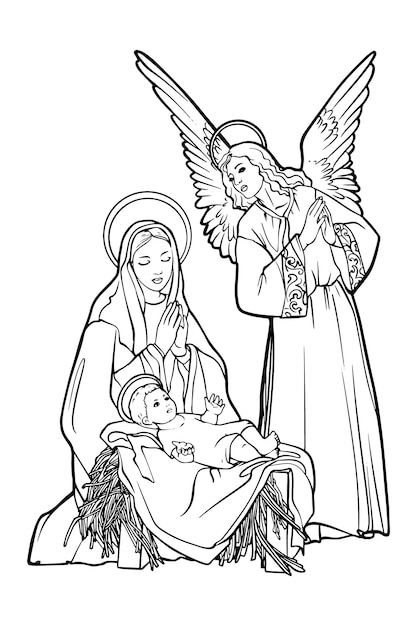 Cena do bebê Jesus de Natal cristão em uma manjedoura com Maria e a Virgem Santa
