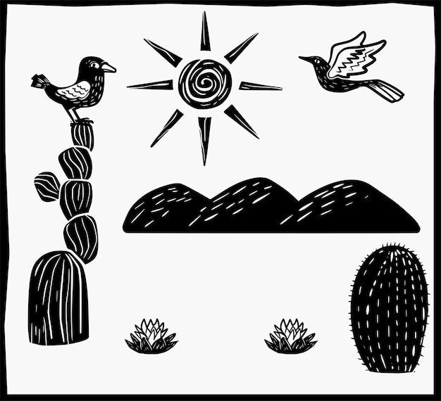 Vetor cena do cenário do nordeste cactus pássaros e paisagens estilo xilogravura