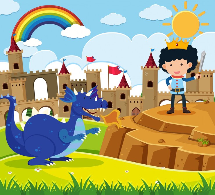 Vetor cena do conto de fadas com o príncipe e o dragão azul