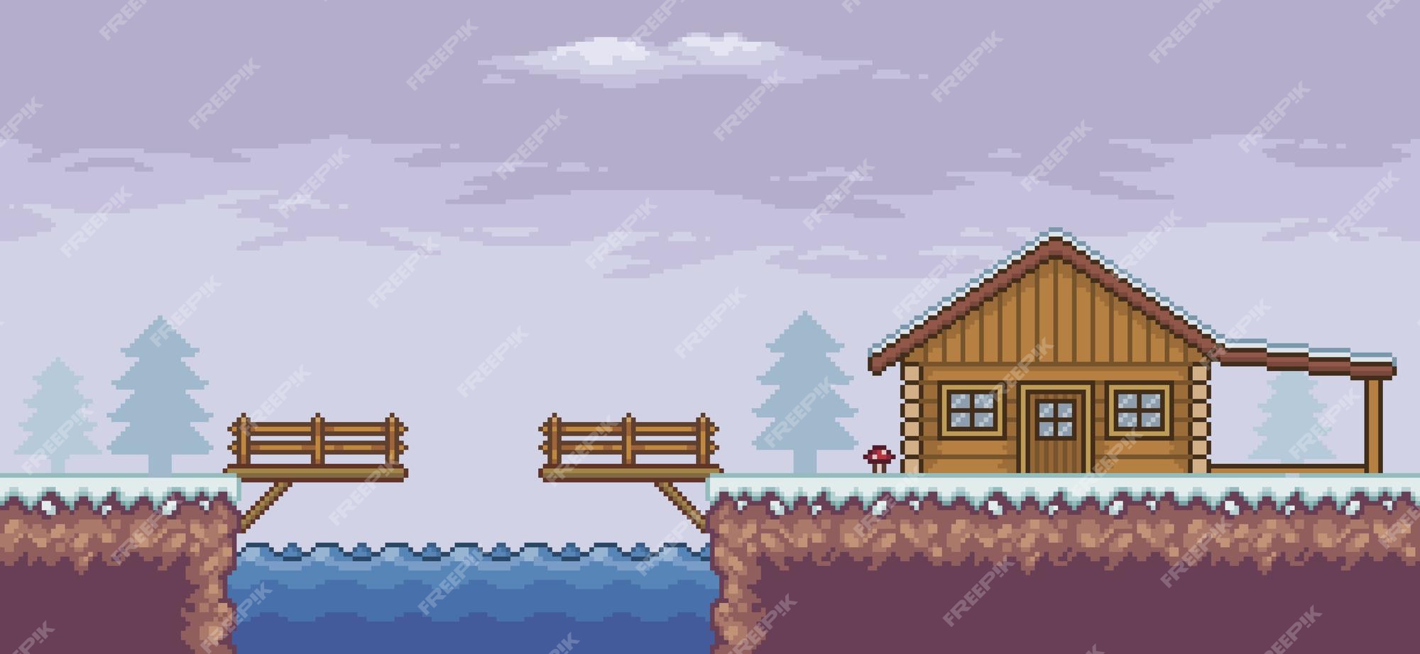 Fundo do jogo 2d, paisagem de uma pequena casa perto do lago