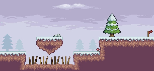 Cena do jogo de pixel art na neve com plataforma flutuante, nuvens de pinheiros e bandeira de 8 bits de fundo