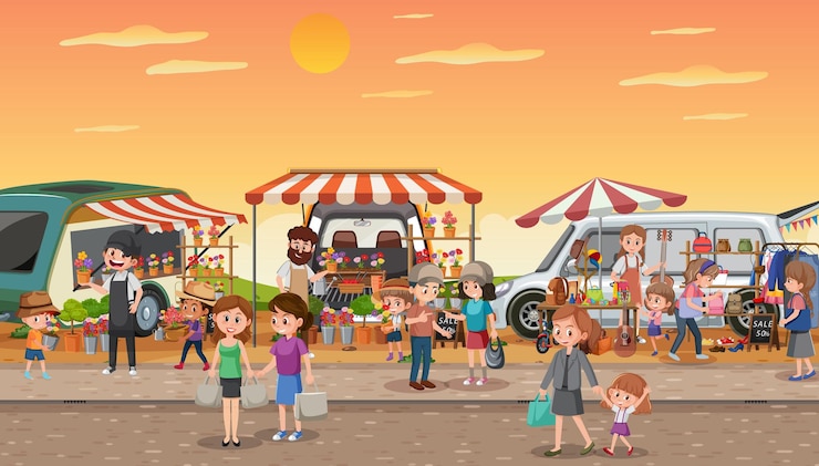 Vetor cena do mercado de pulgas em estilo cartoon