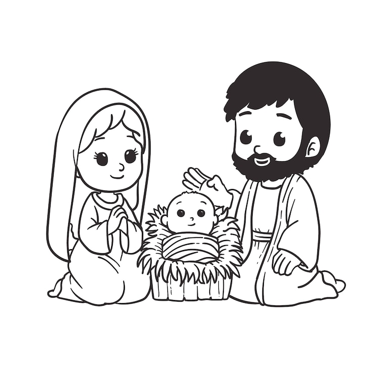 Cena do Natal com o bebê Jesus para livro de colorir