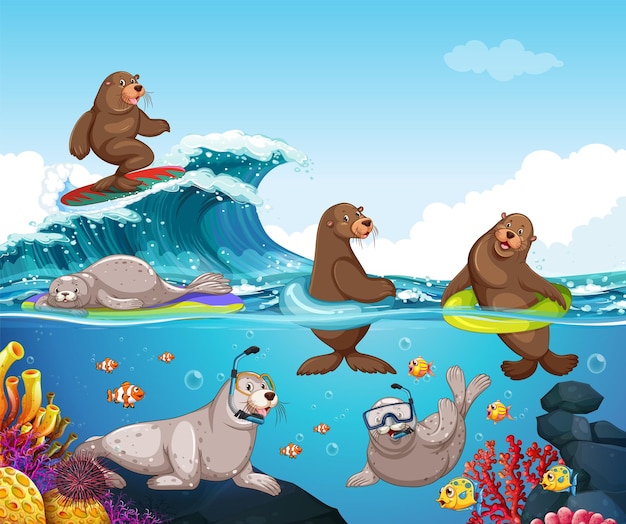 Cena do oceano com personagem de desenho animado de leão-marinho e foca