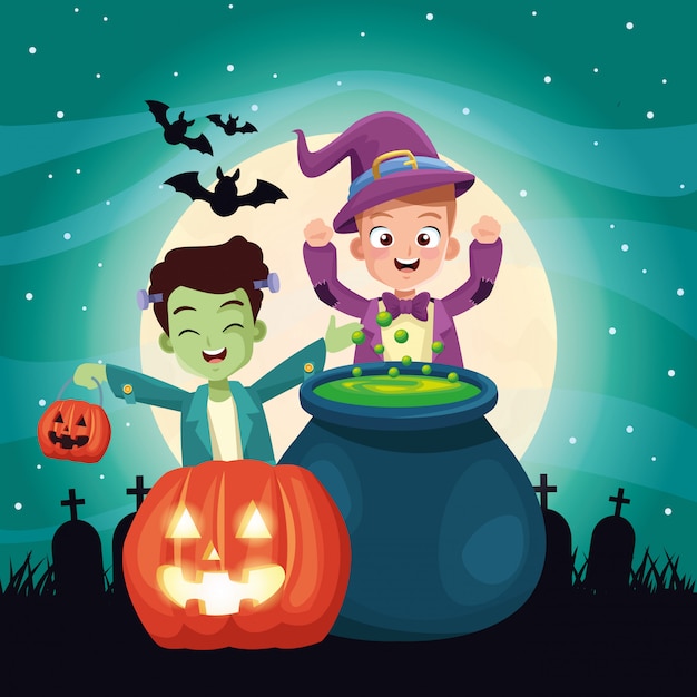 Cena escura de Halloween com crianças disfarçadas e abóboras