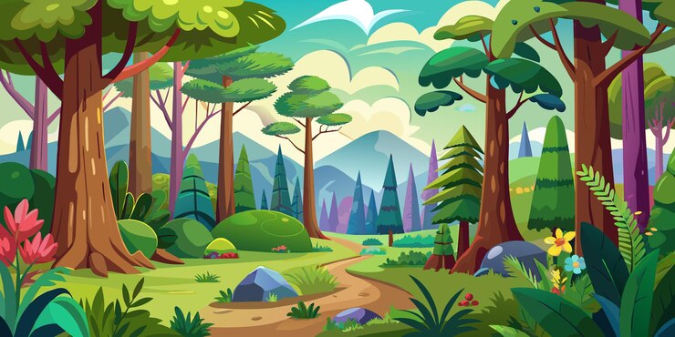 Vetor cena florestal com várias árvores florestais ilustração vetorial