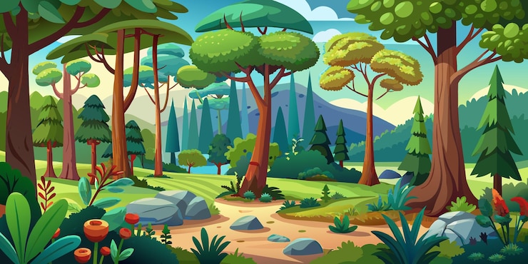 Vetor cena florestal com várias árvores florestais ilustração vetorial