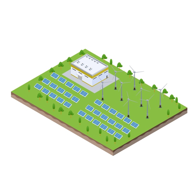 Cena isométrica de painéis de fazenda solar com fábrica de indústria de transformação verde