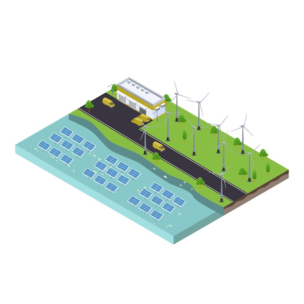 Cena isométrica de turbinas eólicas gerando eletricidade e painéis de fazendas solares com fábrica de indústria de manufatura verde