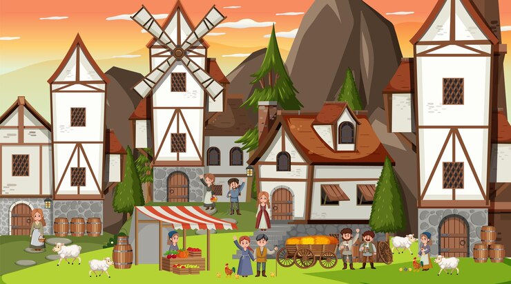 Vetor cena medieval da cidade com aldeões