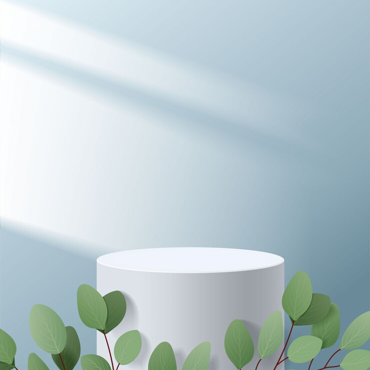 Vetor cena mínima abstrata com formas geométricas. pódio branco de cilindro em fundo azul com folhas. apresentação do produto, mock up, mostrar produto cosmético, pódio, pedestal de palco ou plataforma. 3d