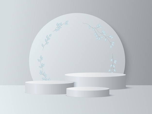 Cena mínima abstrata com pódio branco cilíndrico de formas geométricas em um fundo branco com maquete de apresentação de produto de folhas pedestal ou plataforma de exibição de produto cosmético