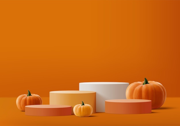 Cena mínima de halloween 3d com plataforma de fumaça e pódio. halloween background vector renderização 3d com pódio de abóbora. estande para mostrar produtos. vitrine de palco em pedestal moderno laranja pastel de abóbora