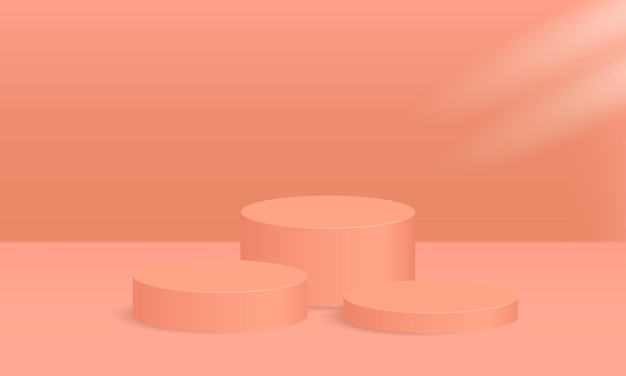 Cena mínima de produto de exibição renderizada em 3D laranja com suporte de plataforma de pódio geométrico para mostrar produtos cosméticos Vitrine de palco em exibição de pedestal estúdio azul