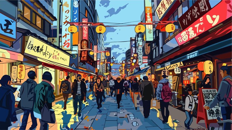 Vetor cena movimentada de pessoas explorando a vibrante rua dotonbori, em osaka, japão