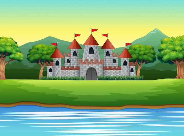 Vetor cena natureza, com, castelo, e, um, lagoa