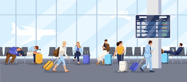 Cena no terminal do aeroporto ocupado com passageiros e ilustração vetorial de bagagem