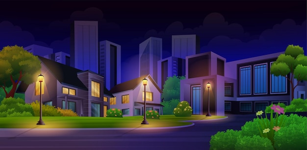 Vetor cena noturna de casa na cidade com parque natural, lâmpadas de rua e ilustração vetorial de árvores