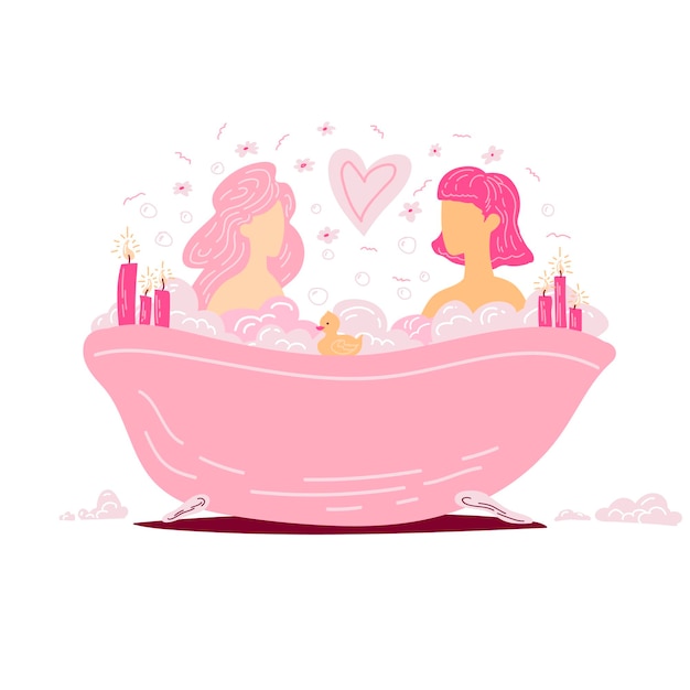 Vetor cena romântica com duas meninas na banheira à luz de velas cartão de dia dos namorados com meninas lésbicas