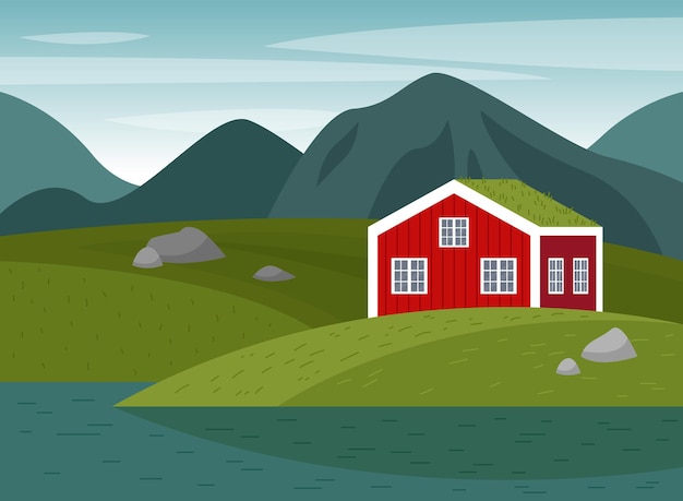 Cena vetorial com paisagem norueguesa Montanhas prados em uma casa vermelha perto da água