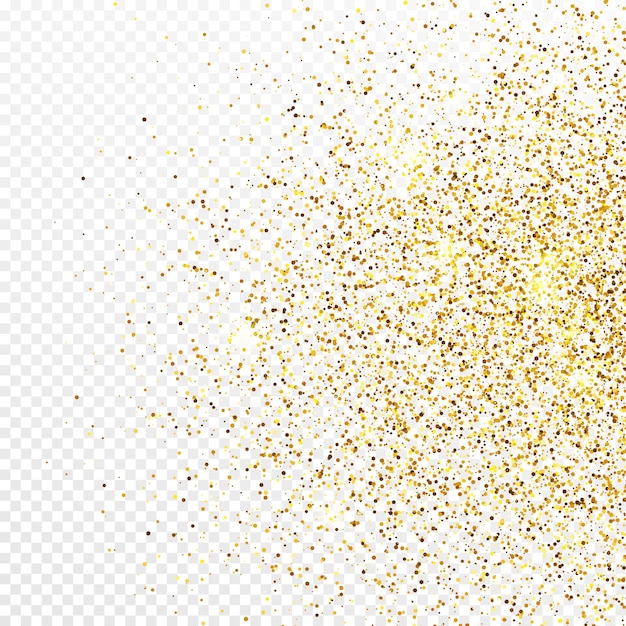 Cenário de confetes de glitter dourados isolado em fundo branco transparente. textura comemorativa com efeito de luz brilhante. ilustração vetorial.