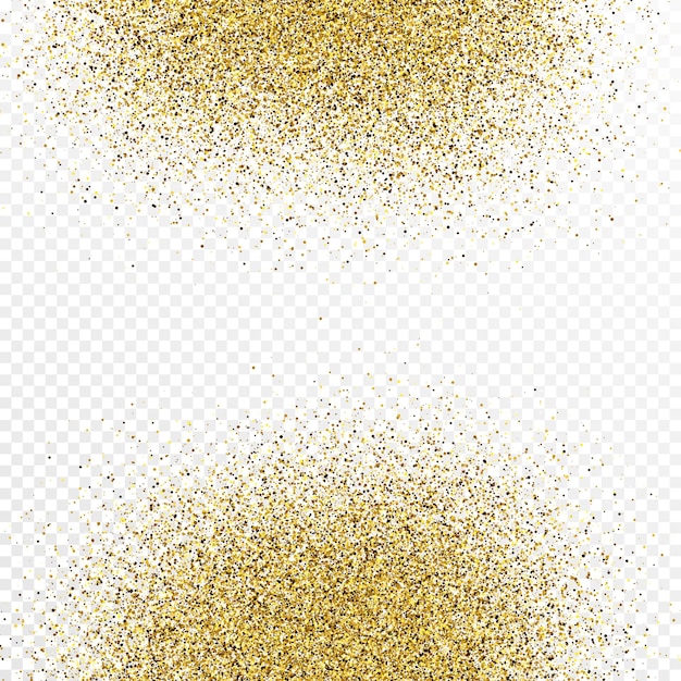 Cenário de confetes de glitter dourados isolado em fundo branco transparente. Textura comemorativa com efeito de luz brilhante. Ilustração vetorial.