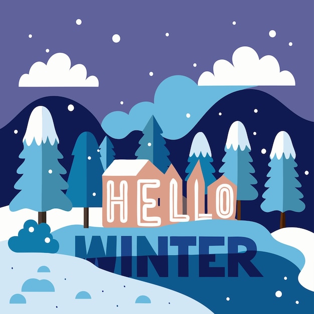 cenário de inverno nevado vetor com uma saudação de inverno olá