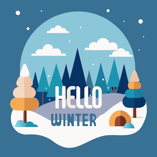 cenário de inverno nevado vetor com uma saudação de inverno olá