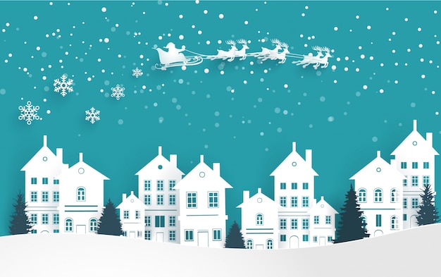 Cenário de inverno no dia de natal. há casas e papai noel. design de arte de papel | Vetor Premium Cenário de inverno no dia de natal. há casas e papai noel. design de arte de papel | Vetor Premium