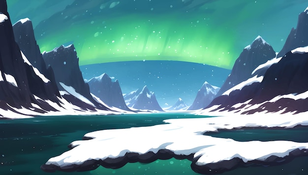 Cenário de montanhas nevadas durante a noite com ilustração detalhada de pintura desenhada à mão Aurora