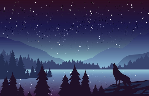 Baixar 1920x1080 anime paisagem, floresta, noite, estrelas, lobo