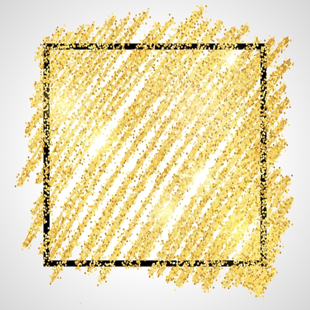 Cenário de pintura dourada brilhante com moldura quadrada preta sobre fundo branco. Fundo com brilhos de ouro e efeito de glitter. Espaço vazio para o seu texto. Ilustração vetorial