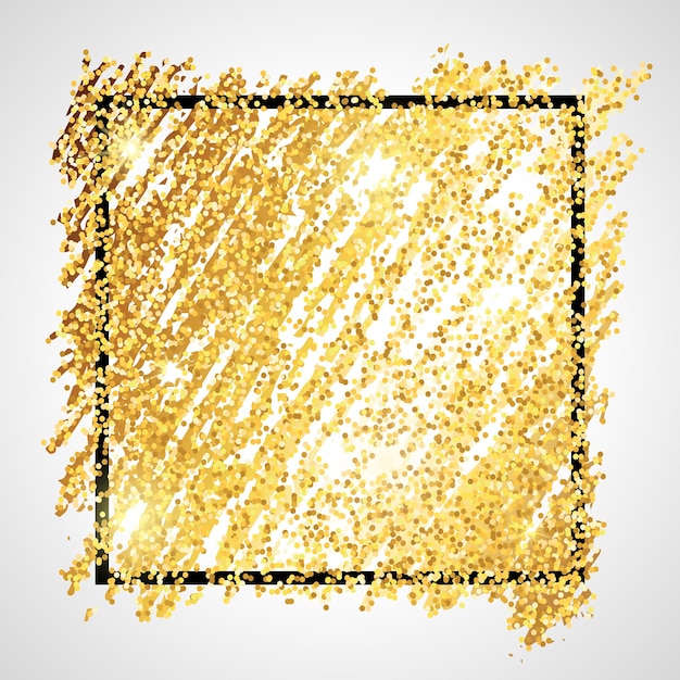 Cenário de pintura dourada brilhante com moldura quadrada preta sobre fundo branco. Fundo com brilhos de ouro e efeito de glitter. Espaço vazio para o seu texto. Ilustração vetorial