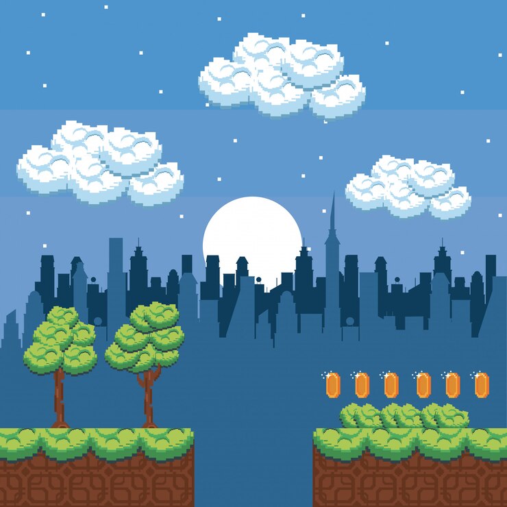 Vetor cenário de videogame urbano pixelizado