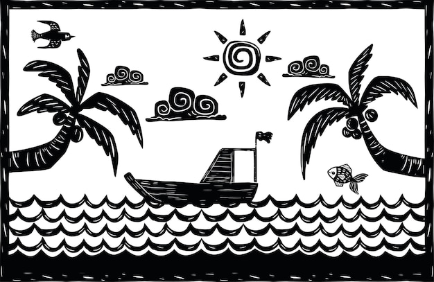 Vetor cenário do mar coqueiros barco e sol no céu xilogravura e literatura de cordel