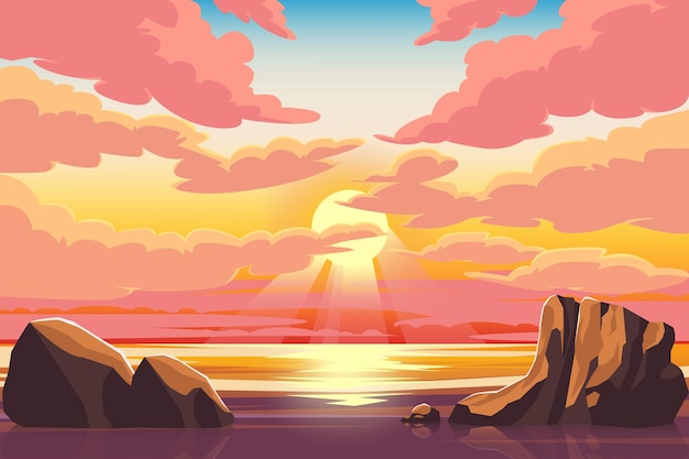 Cenário do mar oceano ao pôr do sol com ilustração vetorial de sol laranja