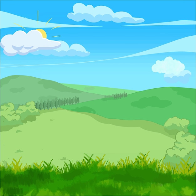 Cenário natural de vetor sol céu grama e árvores