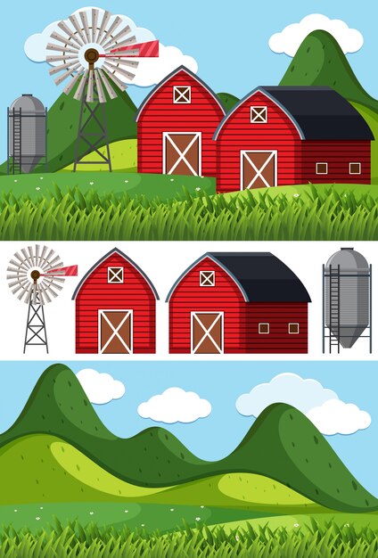 Vetor cenas de fazenda com celeiros vermelhos e moinho de vento
