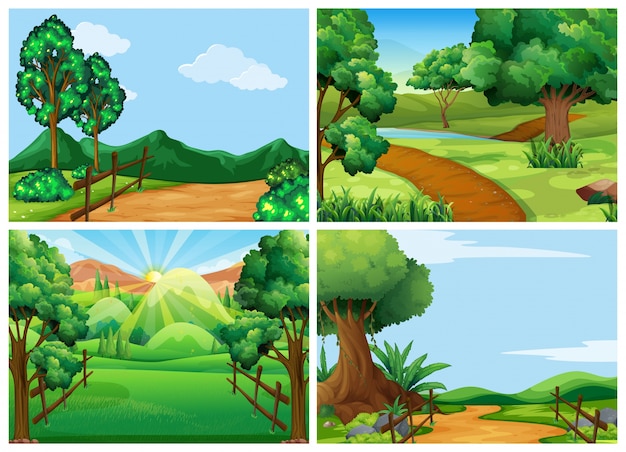 Cenas de montanha com ilustração de trilhas e árvores