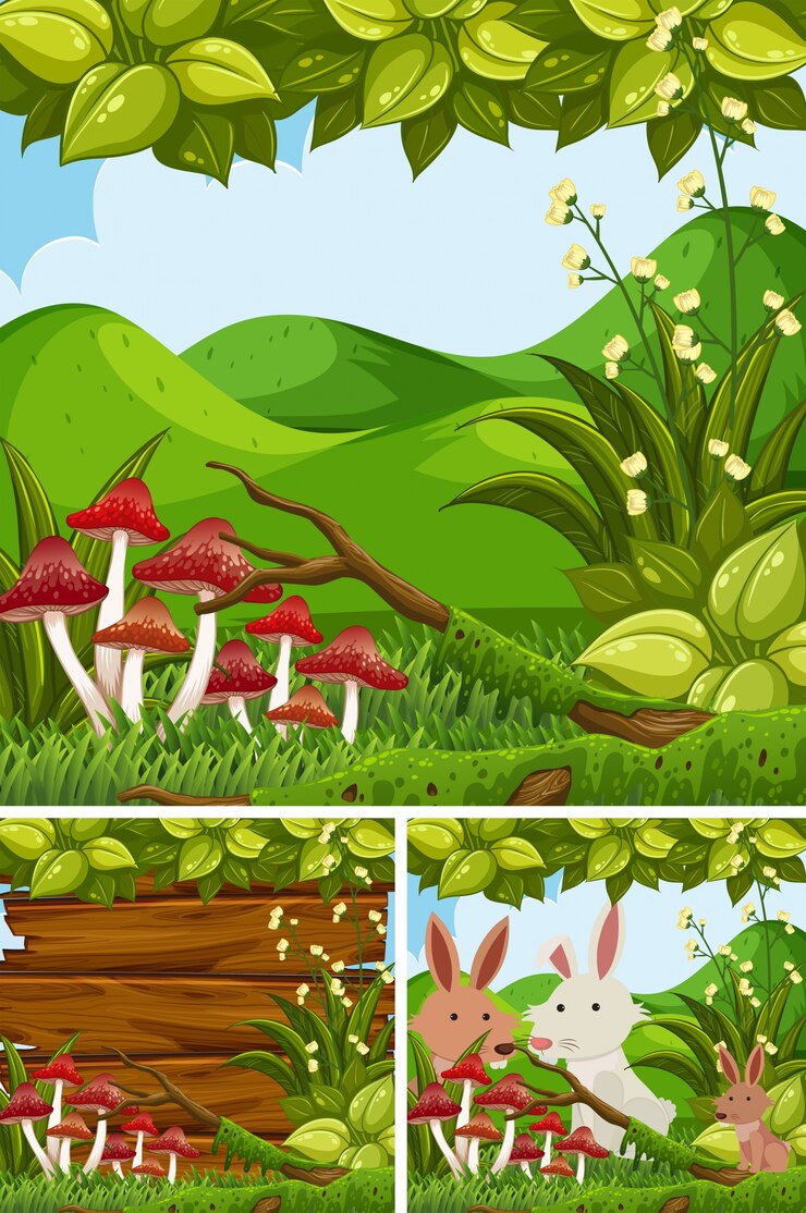 Vetor cenas de natureza com coelhos na floresta