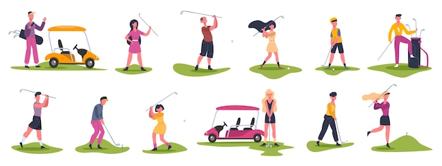 Cenas de pessoas de golfe. jogadores de golfe masculinos e femininos, personagens de golfe perseguem e rebatem a bola, conjunto de jogadores de golfe jogando esportes ao ar livre. jogador de golfe feminino e masculino, competição de esporte de golfe