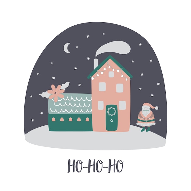 Cenas de vila de natal casa de papai noel noite de natal mágica paisagem de inverno ilustração vetorial de vila de ano novo cartão de fundo de cartaz de feriados de natal bonito casas de campo na neve