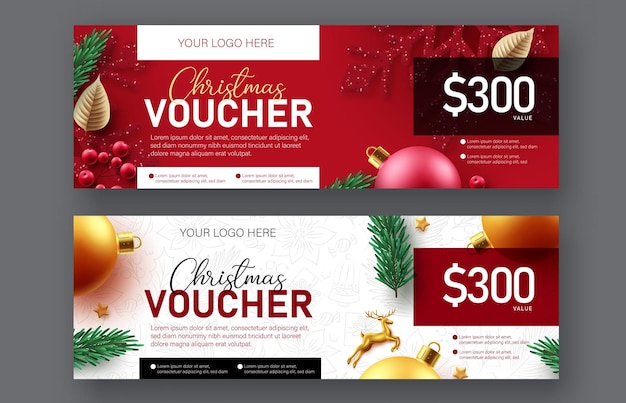 Cenografia de bandeira de vetor de voucher de Natal. Coleção de certificado de presente de feliz natal para férias