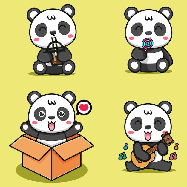 personagem de desenho animado bonito panda kawaii. animal adorável, feliz e  engraçado sentado na etiqueta isolada ramo de bambu, patch, crianças livro  ilustração. Emoji de urso panda anime em fundo branco 4449875